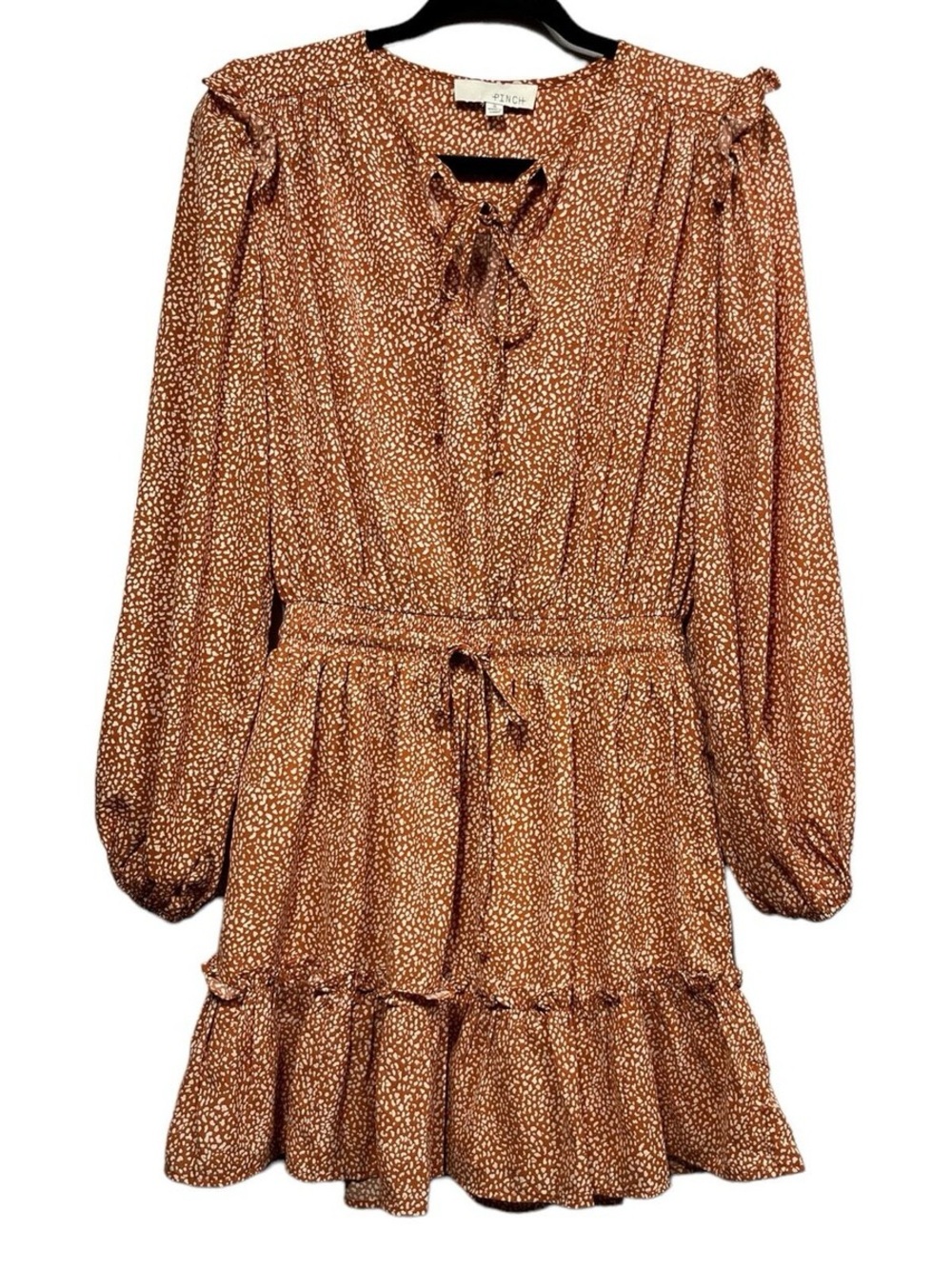 Long-Sleeve Ruffled Tiered Dress in Burnt Orange Speckle
